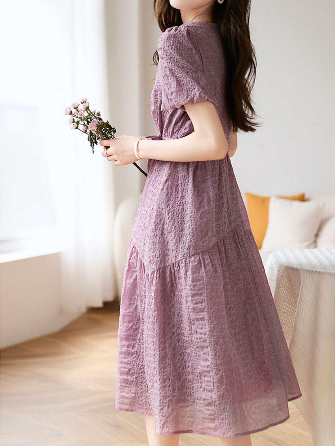 Square Neck Short Sleeve Tie Belt Tiered Crinkle Texture A-Line Midi Dress