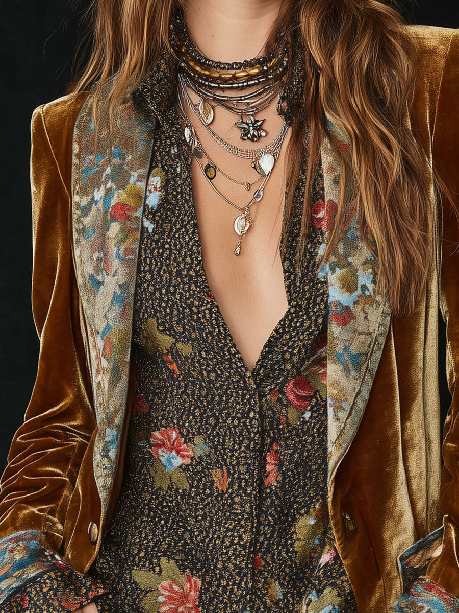 Floral Brocade Lapel Velvet Blazer