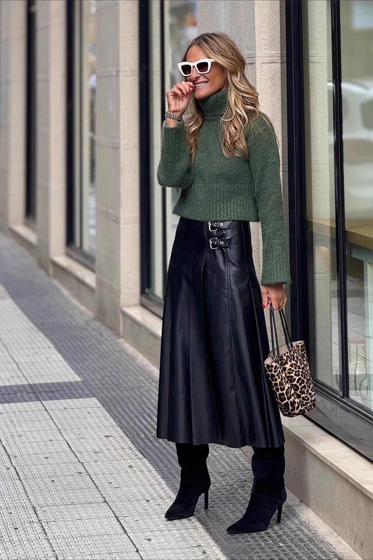 Faux Leather Double Buckle Pleated A-Line Midi Skirt 3