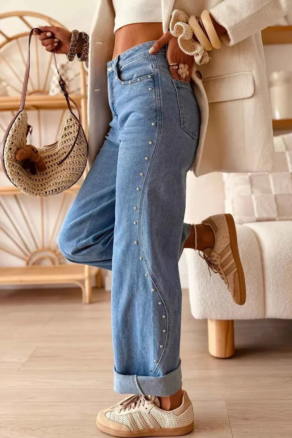 High Waist Studded Side Seam Cuffed Straight Leg Jeans 4