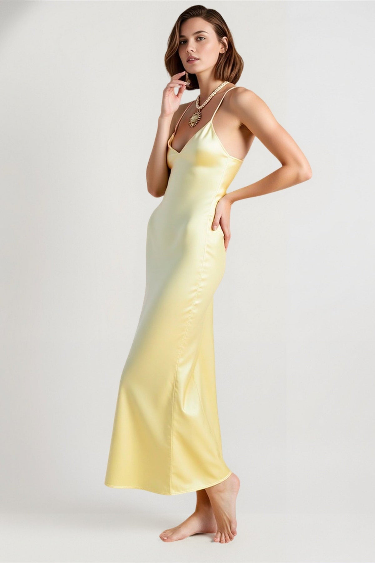 Satin V-Neck Spaghetti Strap Bias Cut Slip Maxi Dress