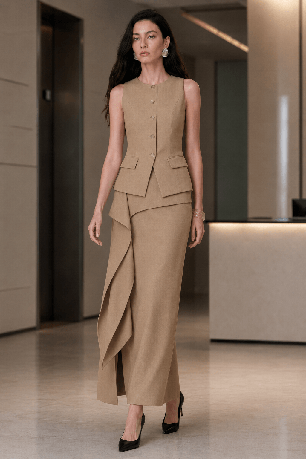 Ruffle Slit Skirt Elegant Two Piece Work Set