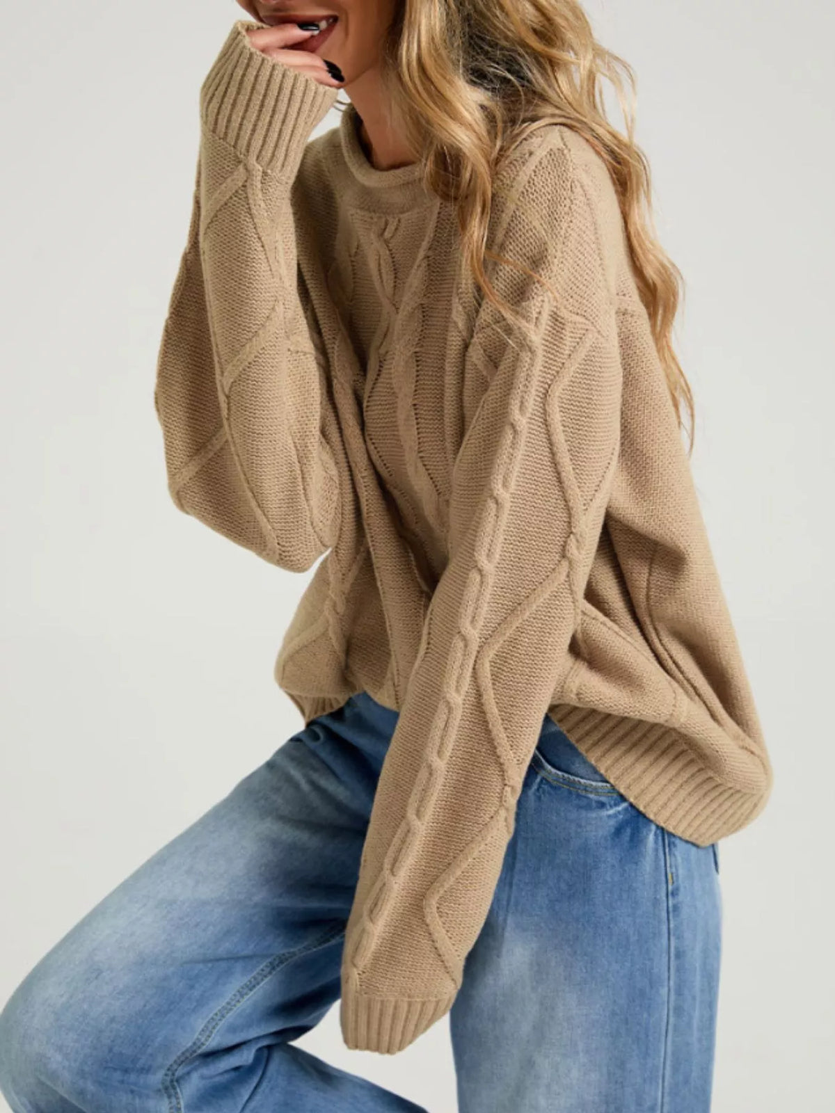 Crew Neck Long Sleeve Cable Knit Side Slit Oversized Sweater 13