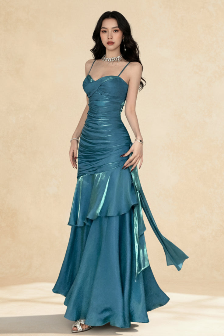 Satin Spaghetti Strap Ruched Tiered Ruffle Maxi Party Dress 4