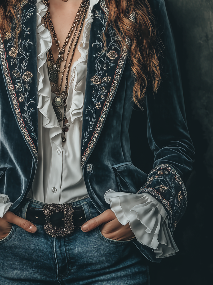 Floral Embroidered Velvet Notch Lapel Blazer