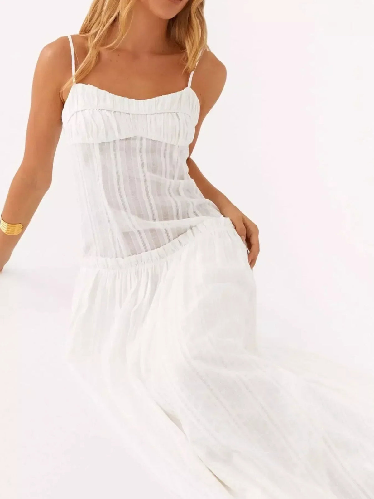 Ruched Bust Drop Waist Ruffle Trim Cami Maxi Dress 27