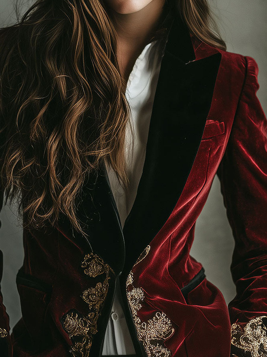Embroidered Contrast Lapel Velvet Blazer