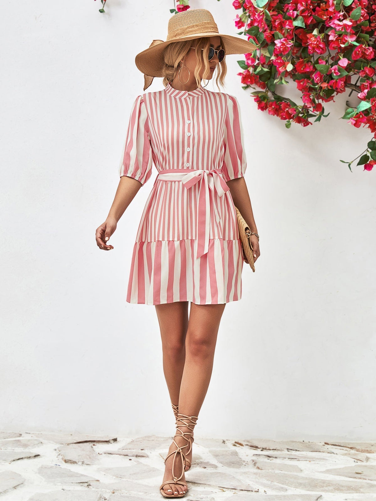 Striped Puff Sleeve Button Front Belted Ruffle Hem Mini Dress 5
