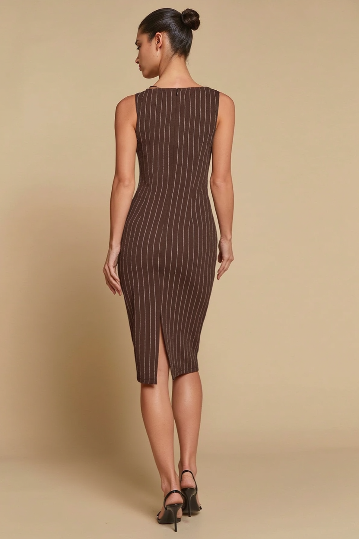 Striped Slit Waist Cinched Sleeveless Work Dress