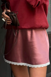 Lace Trimmed Satin A-Line Mini Skirt