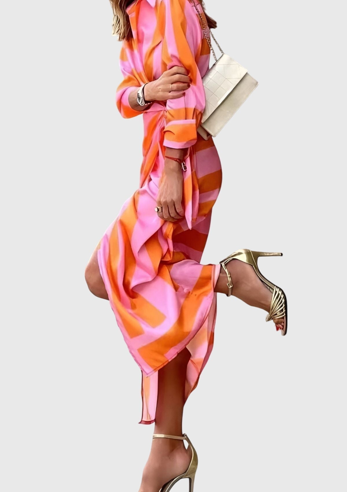 Geometric Print Collared Long Sleeve Wrap Tie Midi Dress 8