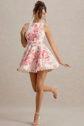 High-Waist Backless Floral Mini Dress