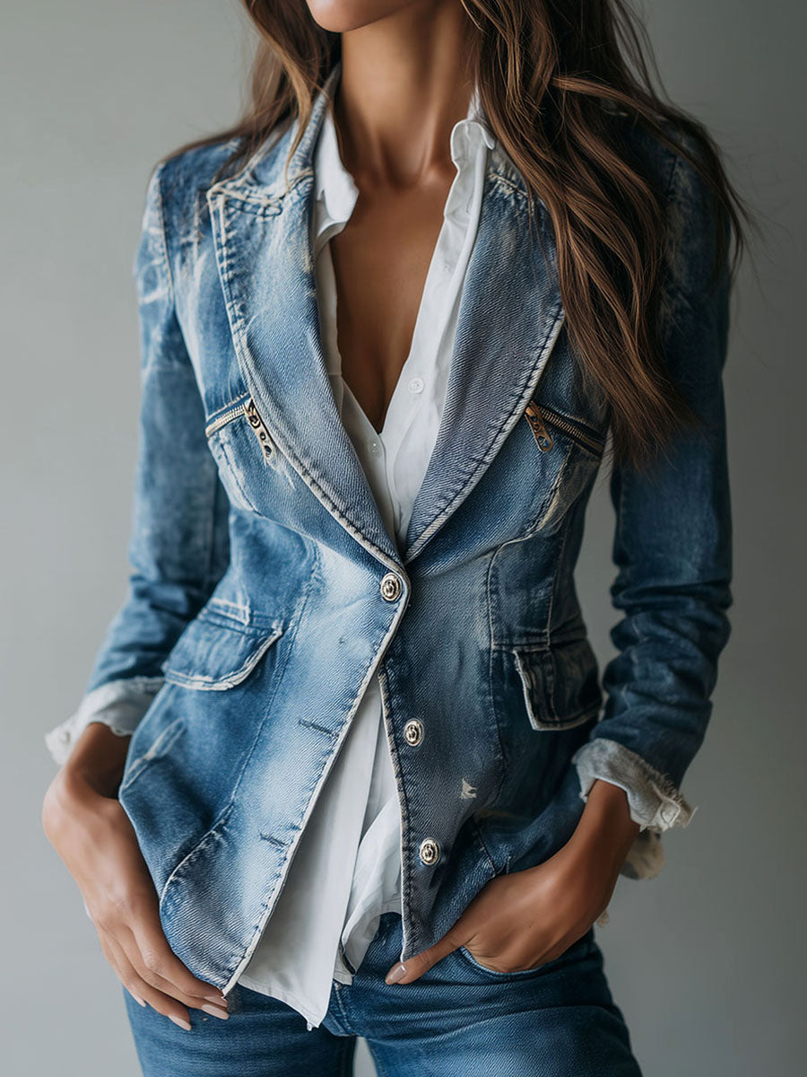 Washed Notch Lapel Single Button Denim Blazer