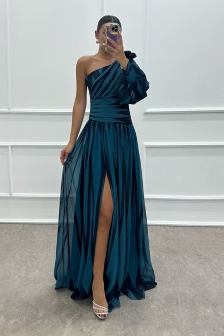 Roma Minimalist One Shoulder Dress with Rose Detail and Patterned Design Statement Occasion Edit