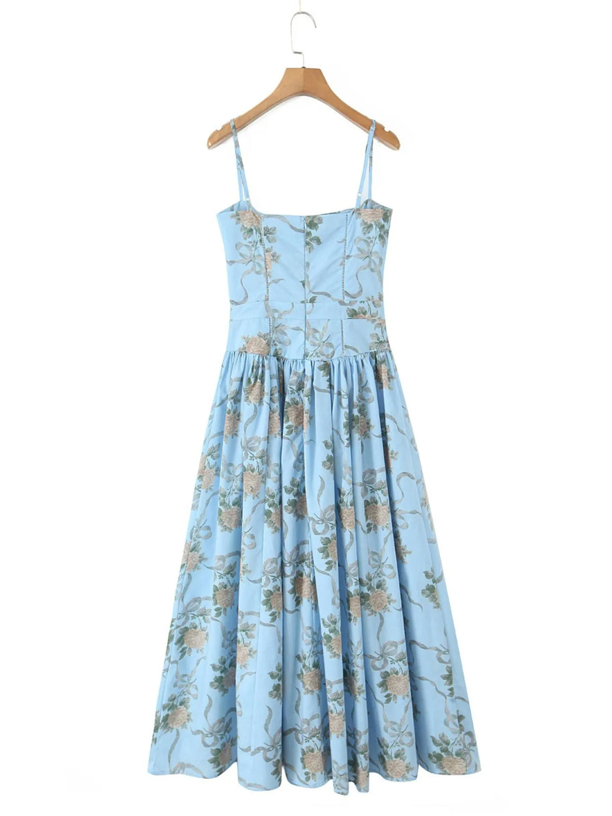Floral Ribbon Print Corset Bodice Cami Pleated Midi Dress 5