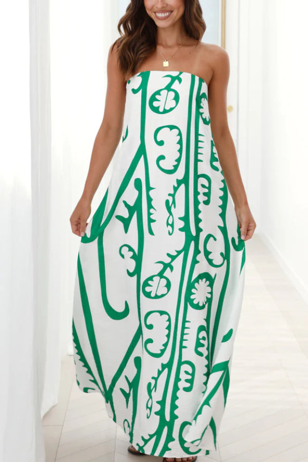 Abstract Print Strapless A-Line Maxi Summer Dress