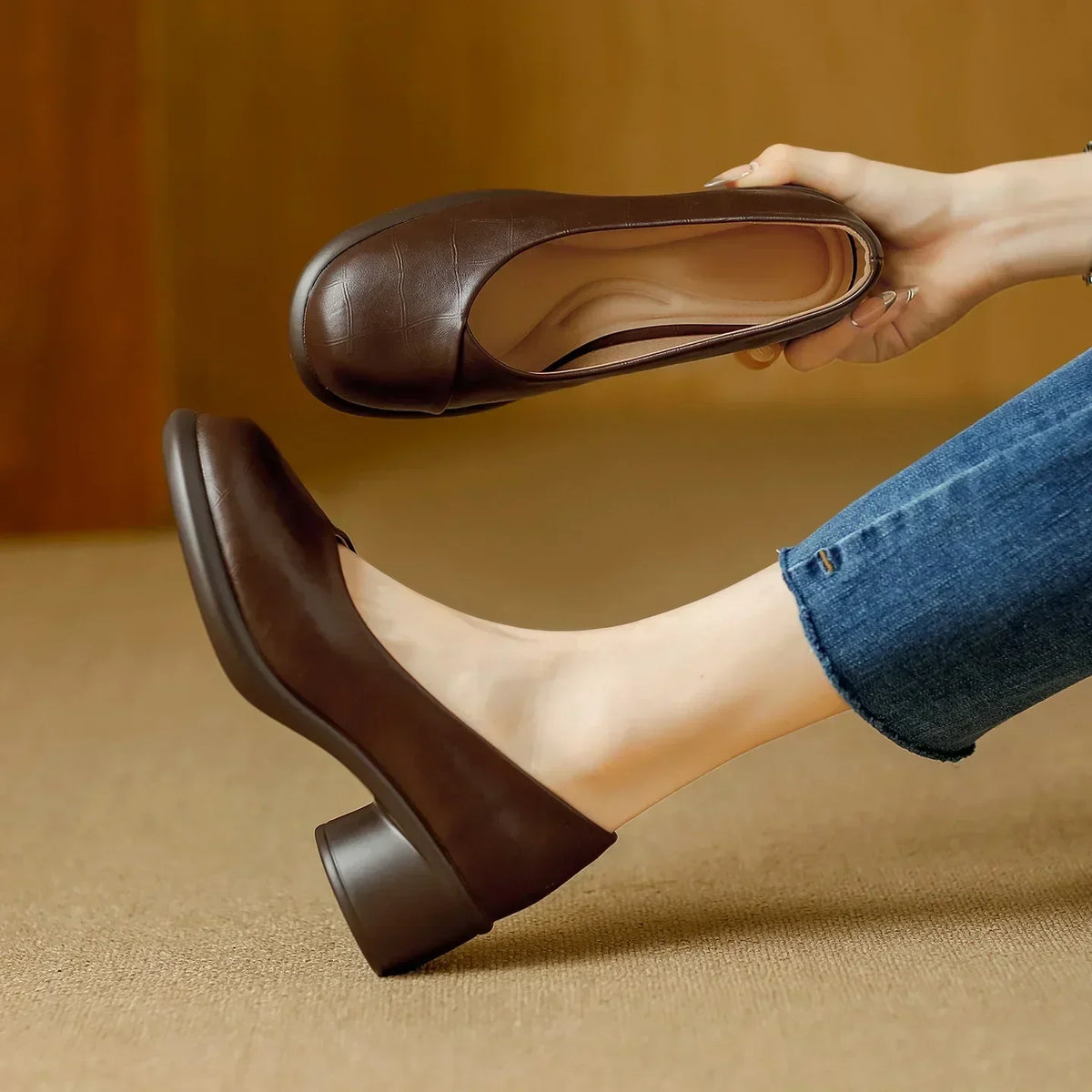 Round Toe Slip On Chunky Block Heel Pumps