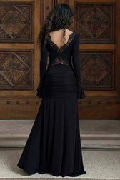 V-Neck Lace Trim Flounce Sleeve Tie Maxi Lace Dress
