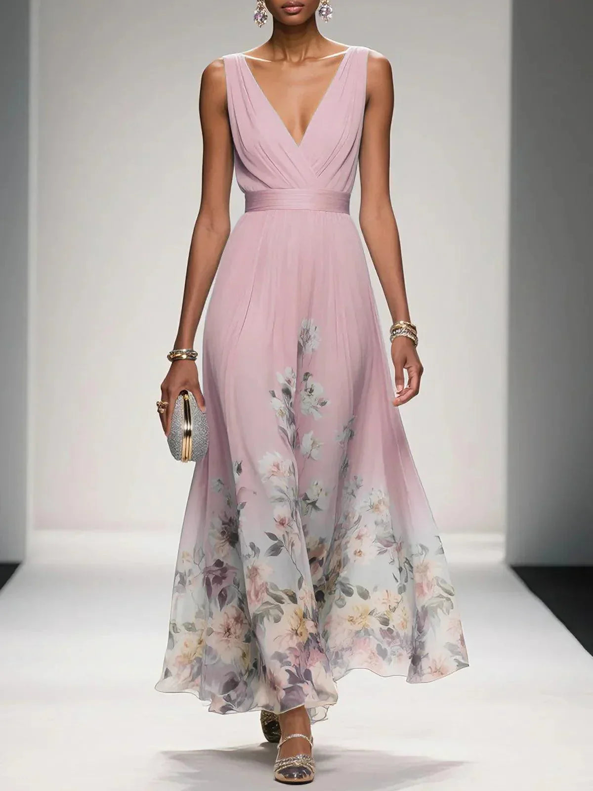 Floral Chiffon Deep V-Neck Sleeveless Pleated Maxi Dress 5