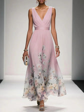Floral Chiffon Deep V-Neck Sleeveless Pleated Maxi Dress 5