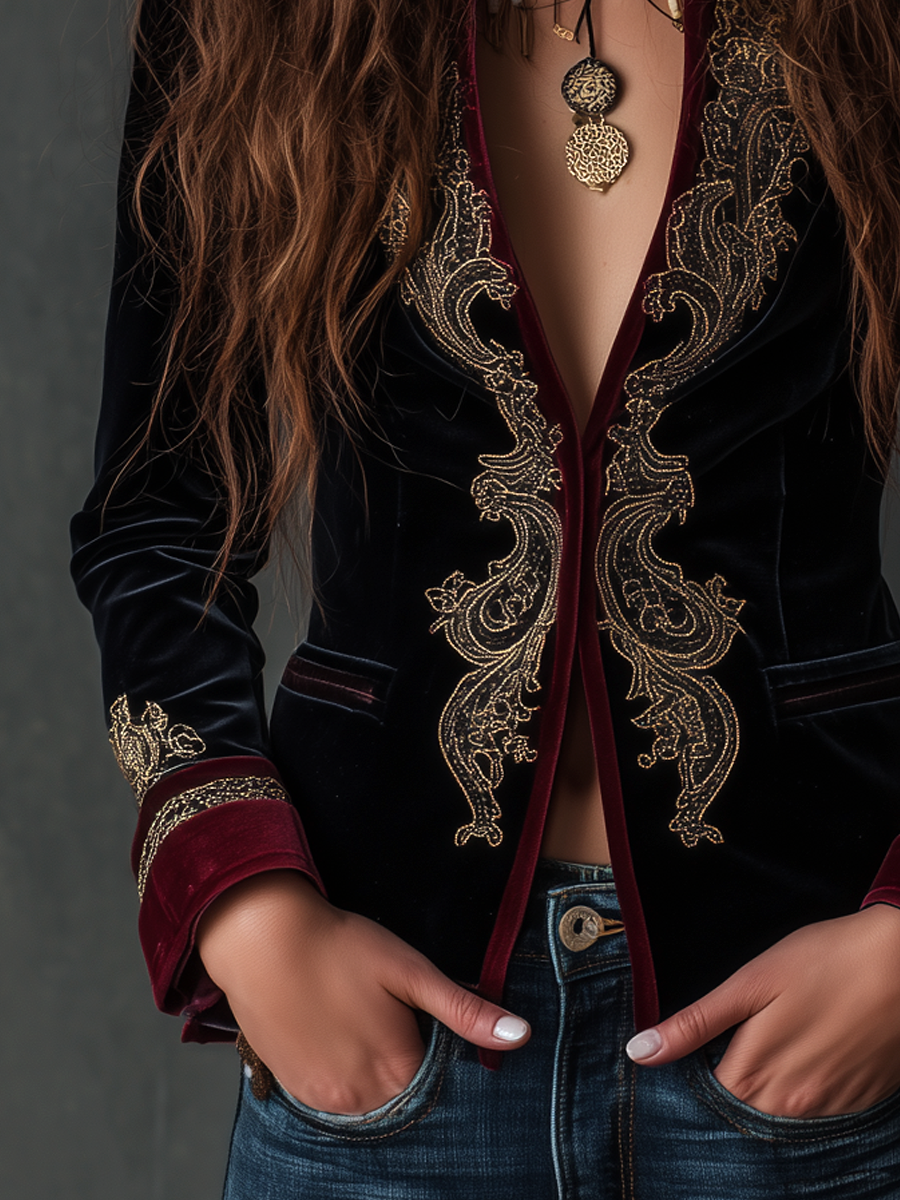 Baroque Embroidered Plunge Velvet Blazer