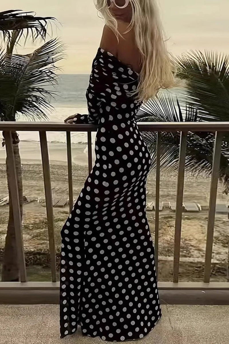 Off Shoulder Mesh Polka Dot Maxi Dress 5