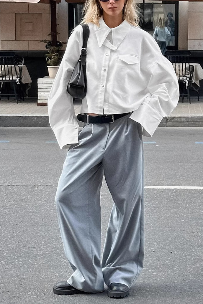 Layered Collar Flap Pocket Wide Cuff Oversized Cropped Shirt 3
