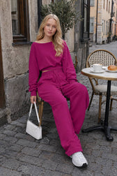 Casual Ribbed Off Shoulder Crop Sweatshirt Pants Set