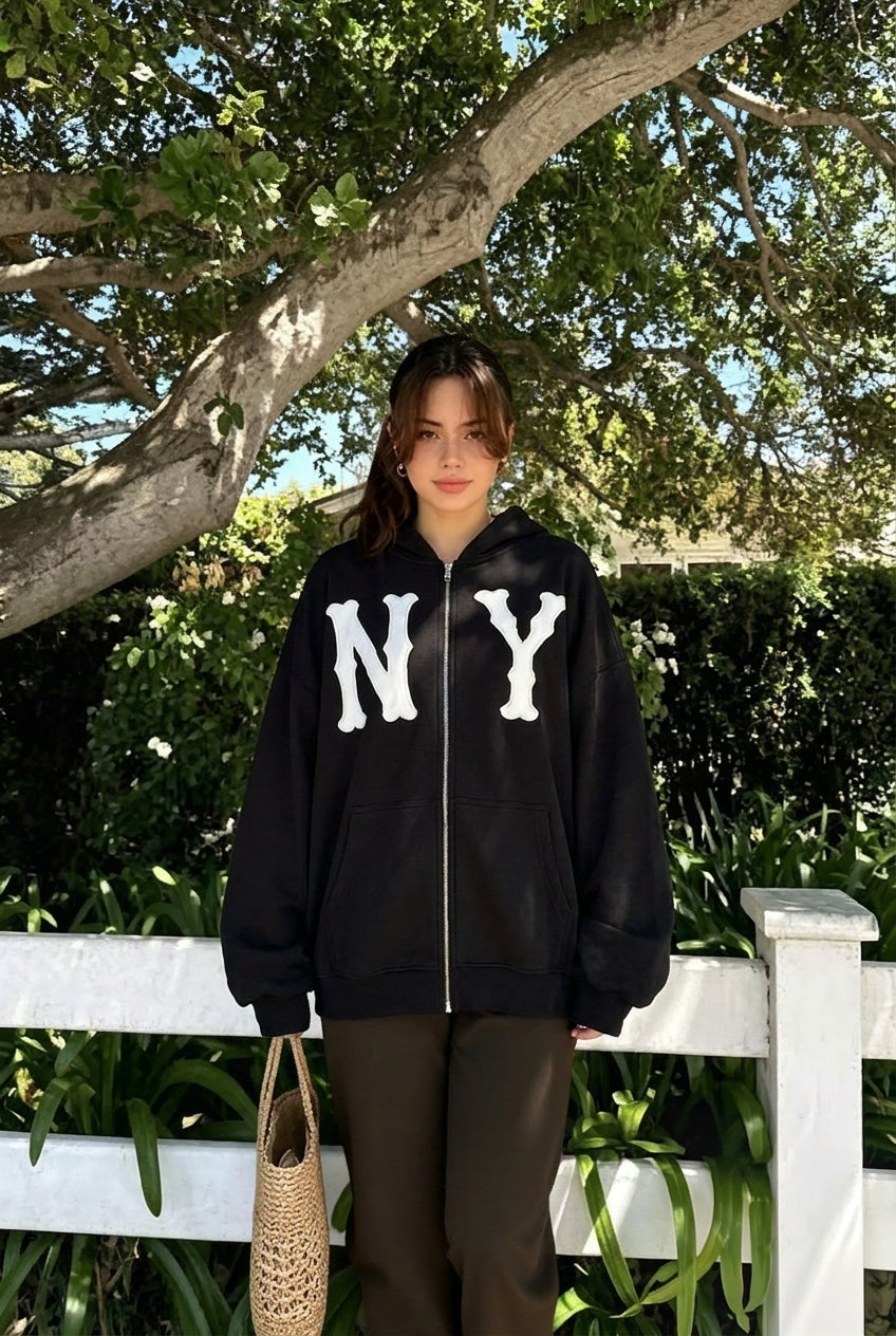 Embroidered Floral Print Zip Hoodie