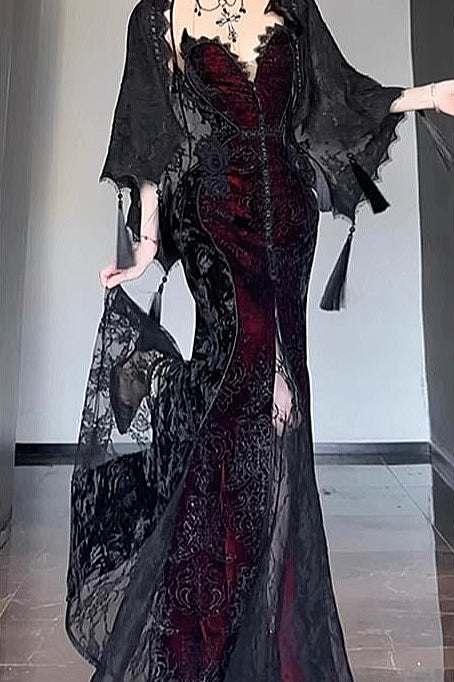 Halloween Gothic Style Dark Shawl Suspenders Tube Top Dress