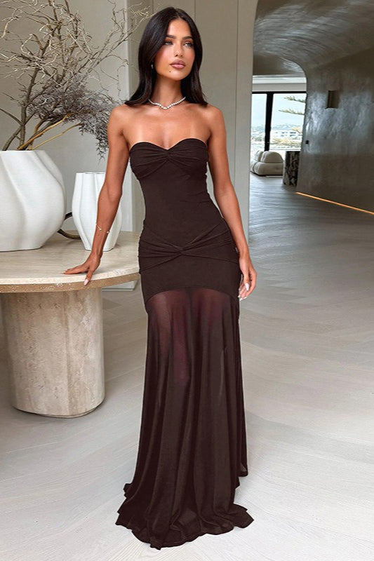 Strapless Sweetheart Ruched Mesh Panel Gown