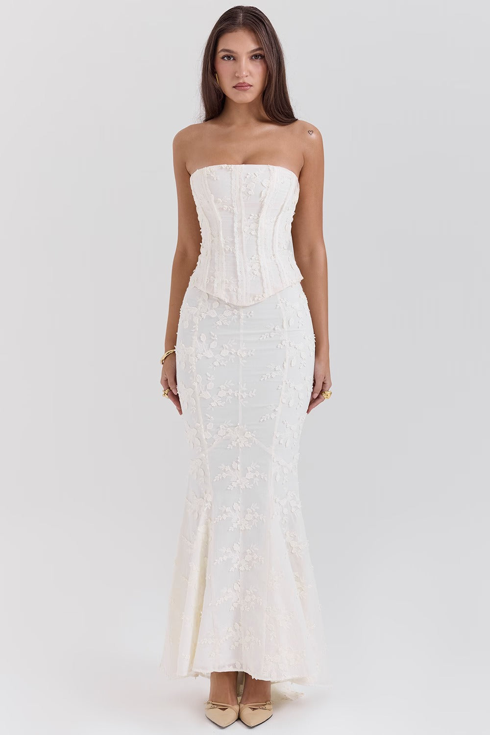 Embroidered Bustier Bodycon Formal Dress XS / White