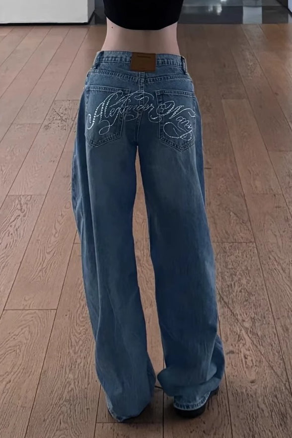 Vintage Rhinestone Letter Print Wide Leg Jeans