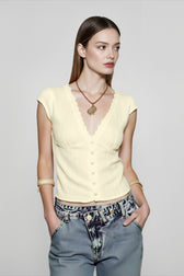 V Neck Lace Crop T-shirts