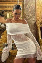 Lace One-Shoulder Hollow Insert Sleeve Slim Lace Dress