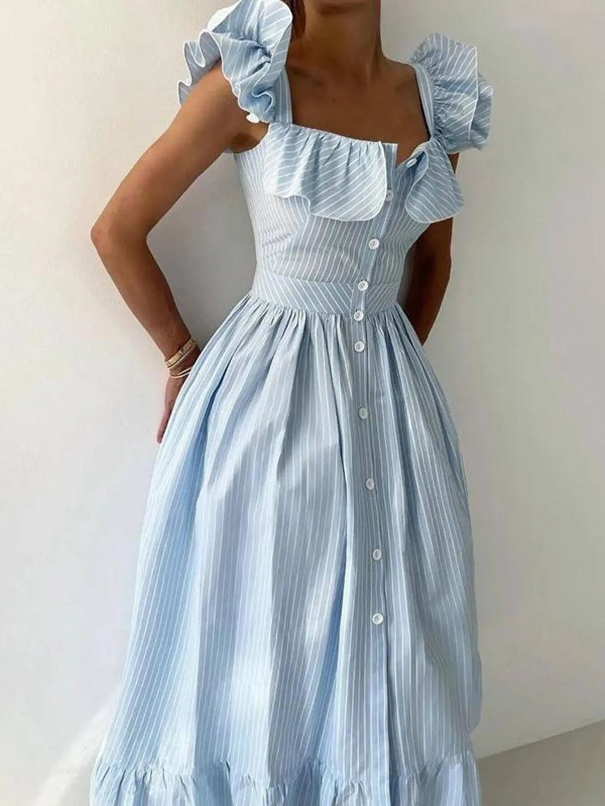 Ruffled Striped Square Neck Dress