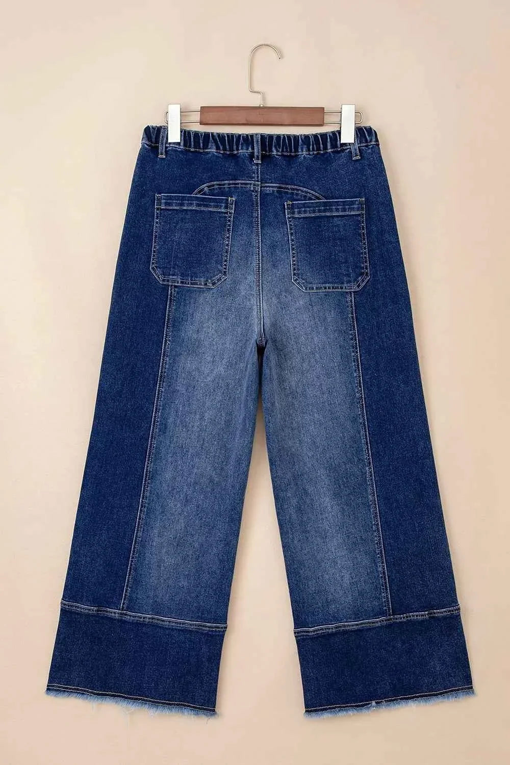 Drawstring Seam Detail Raw Hem Wide Leg Denim Pants