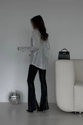Sequin Collared Long Sleeve Glamorous Blouse