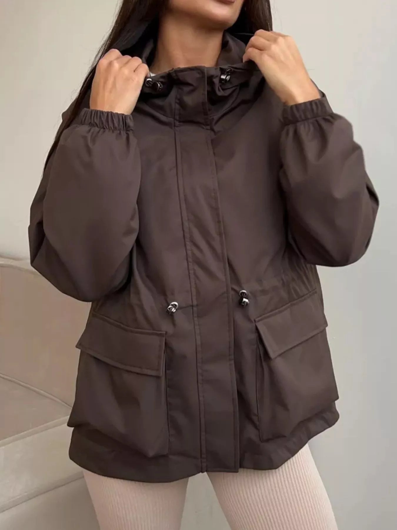 Drawstring Waist Hooded Windbreaker Outerwear