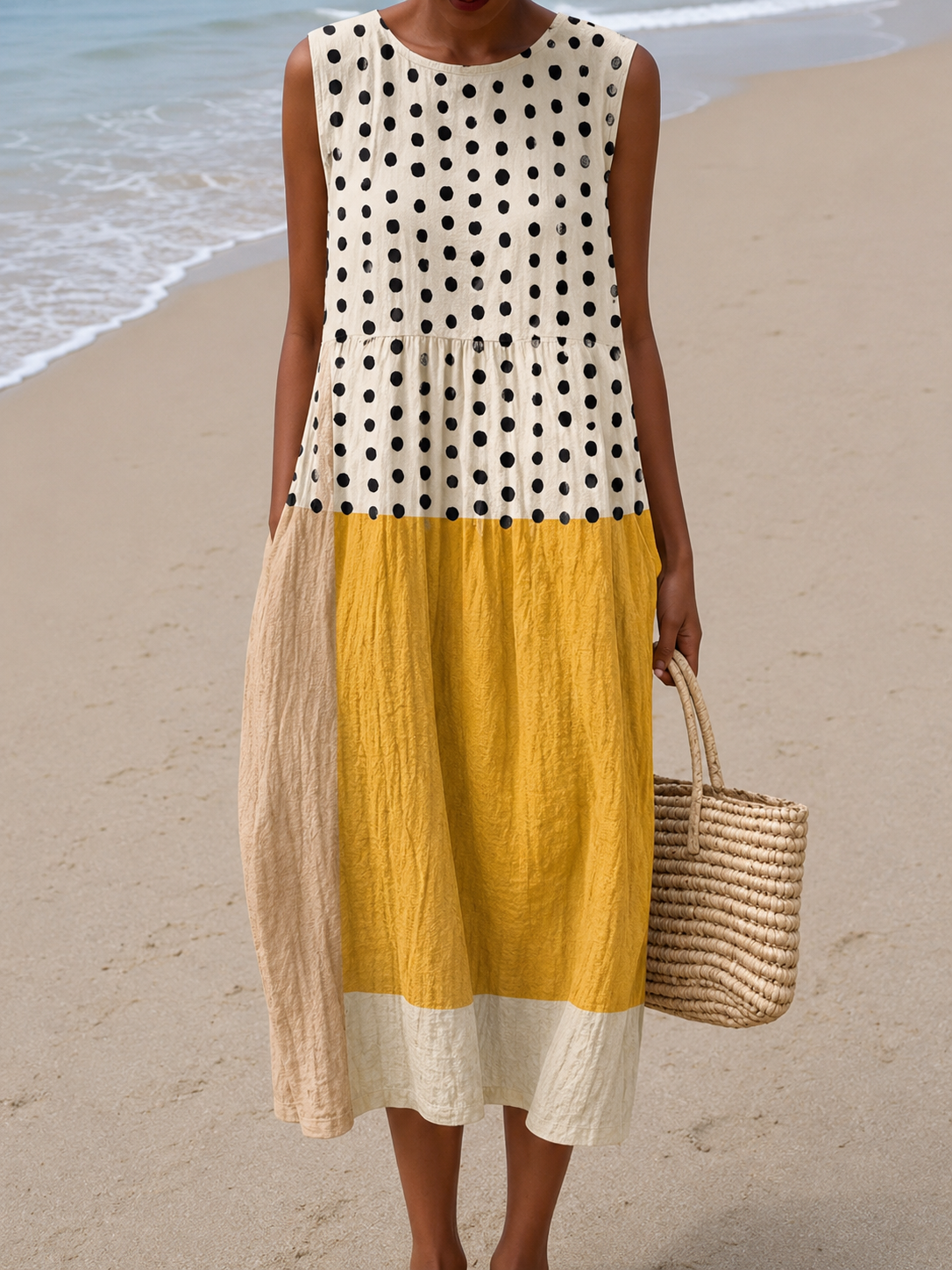Polka Dot Colorblock Sleeveless Tiered Midi Dress