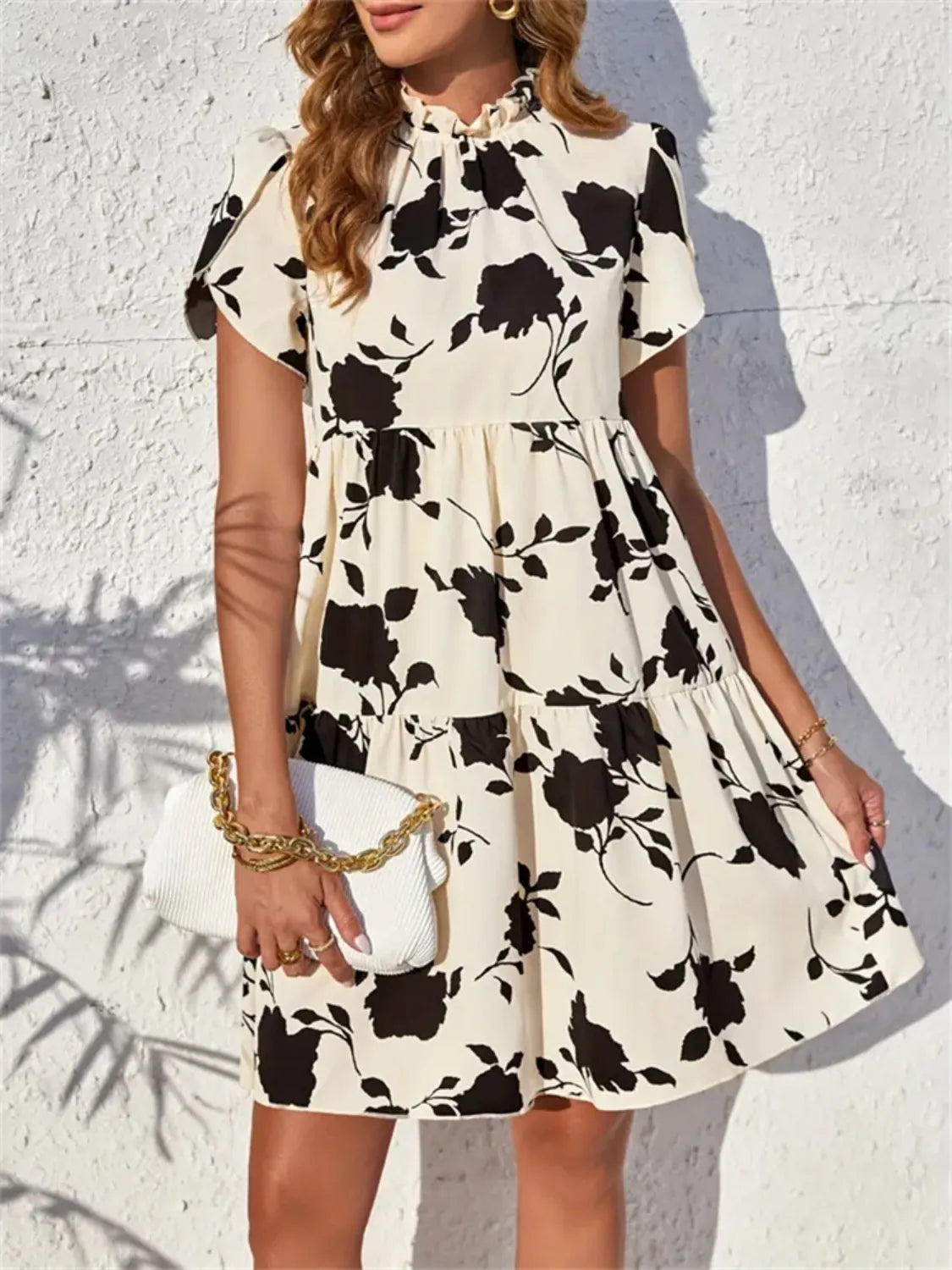 Trendy Print Short Sleeve Mini Dress Tan