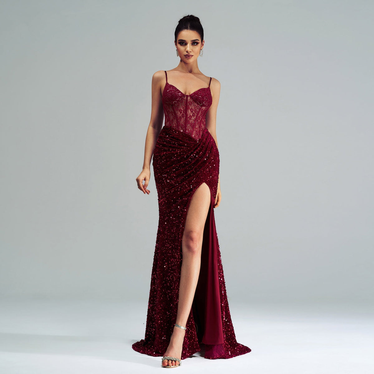 Sequin Sheer Lace Corset Bodice Spaghetti Strap High Split Maxi Dress