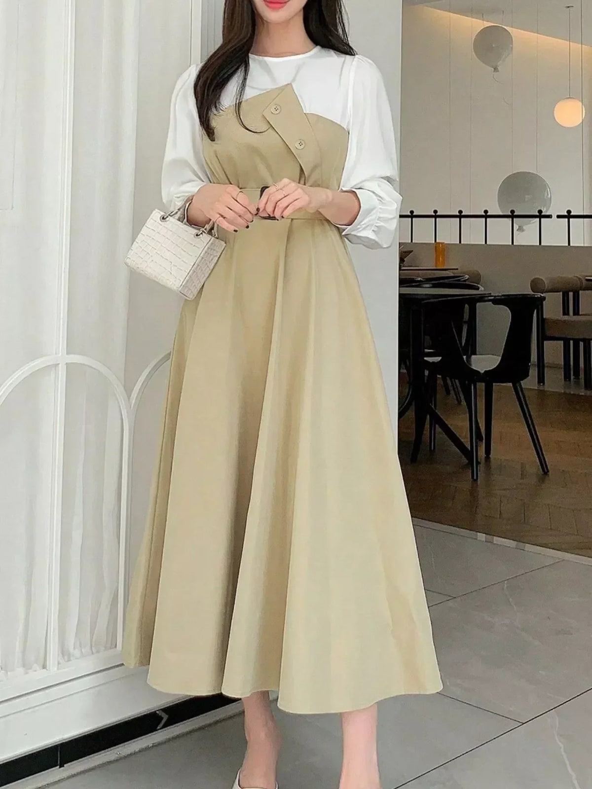 Contrast Long Sleeve Asymmetric Button Bodice Belted A-Line Midi Dress
