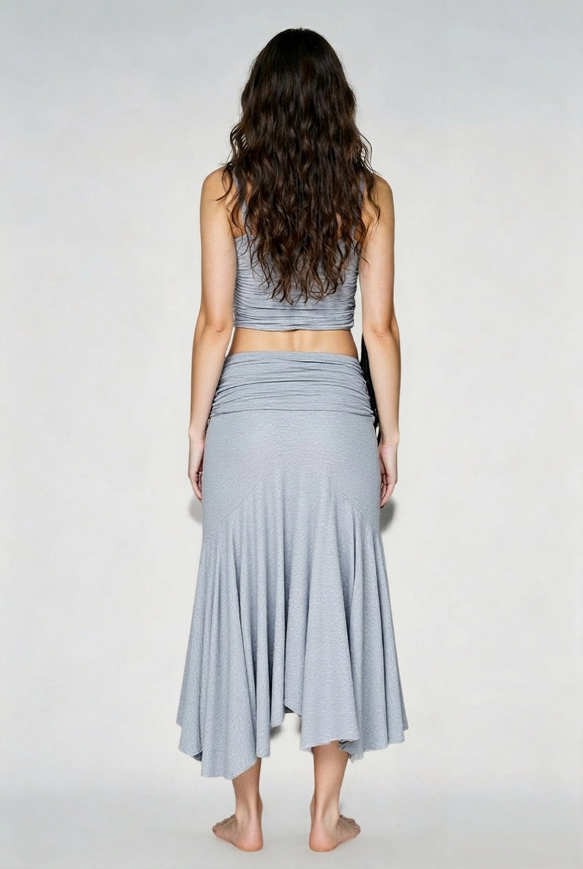 One Shoulder Ruched Crop Top and Fold Over Maxi Skirt Two Piece Set 4