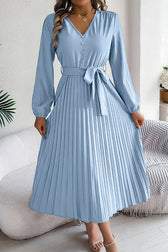 Solid Color Elegant V-neck Buttoned Lace-up Pleated Maxi Dress - View 2