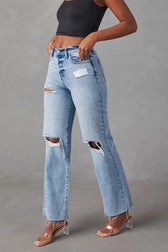 Distressed Ripped Raw Hem Washed Straight Jeans