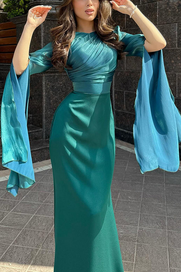 Liora Ruched Organza Satin Patchwork Long Bell Slit Maxi Dress - View 25