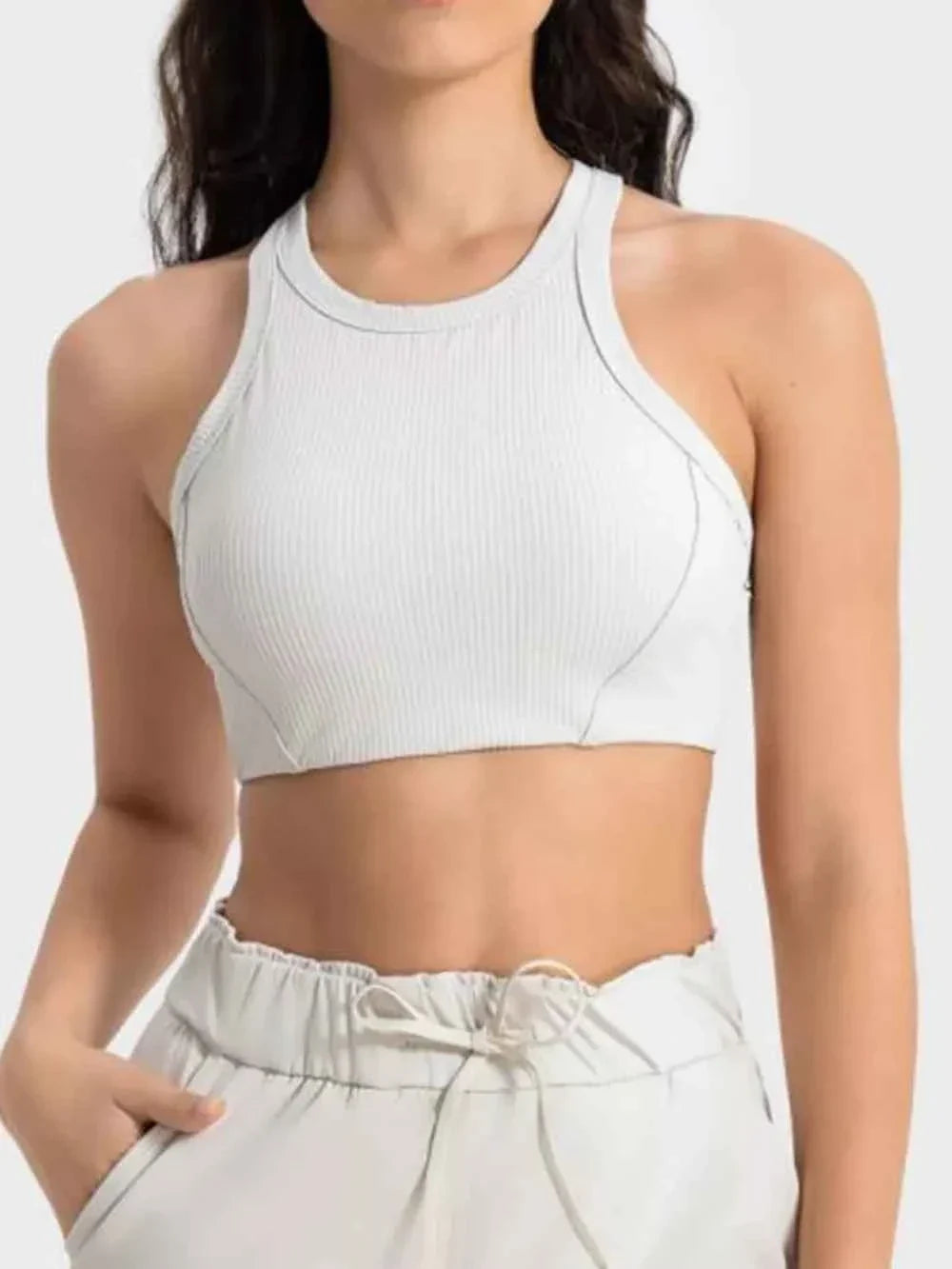 Ribbed Round Neck Wide Strap Cropped Sport Tank Top 3