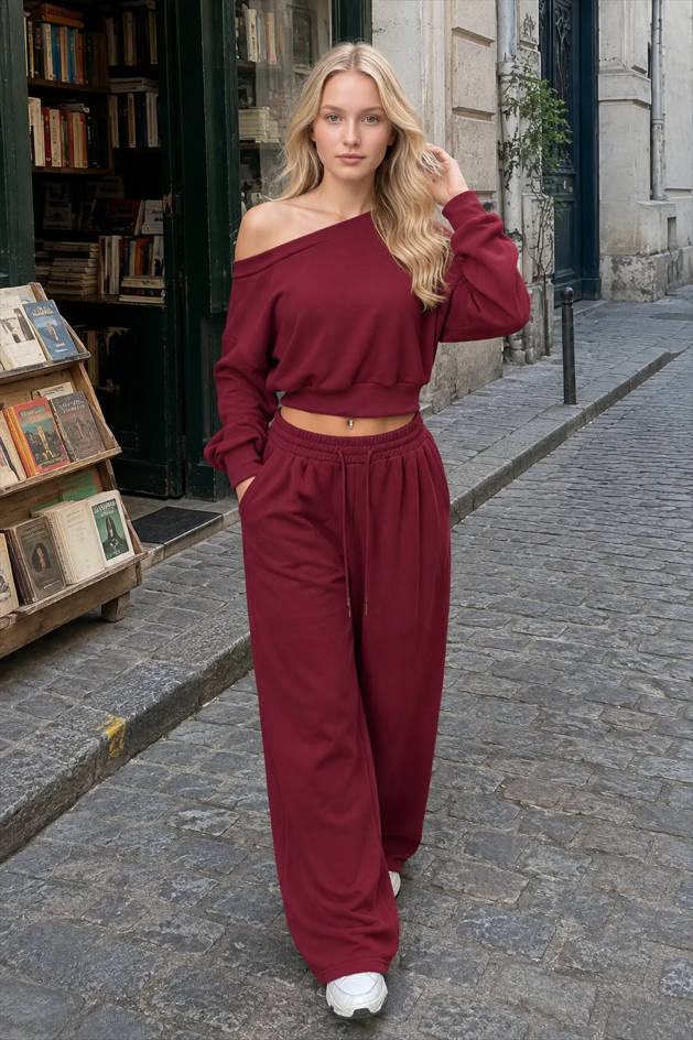 Ribbed Off Shoulder Crop Sweatshirt Pants Set