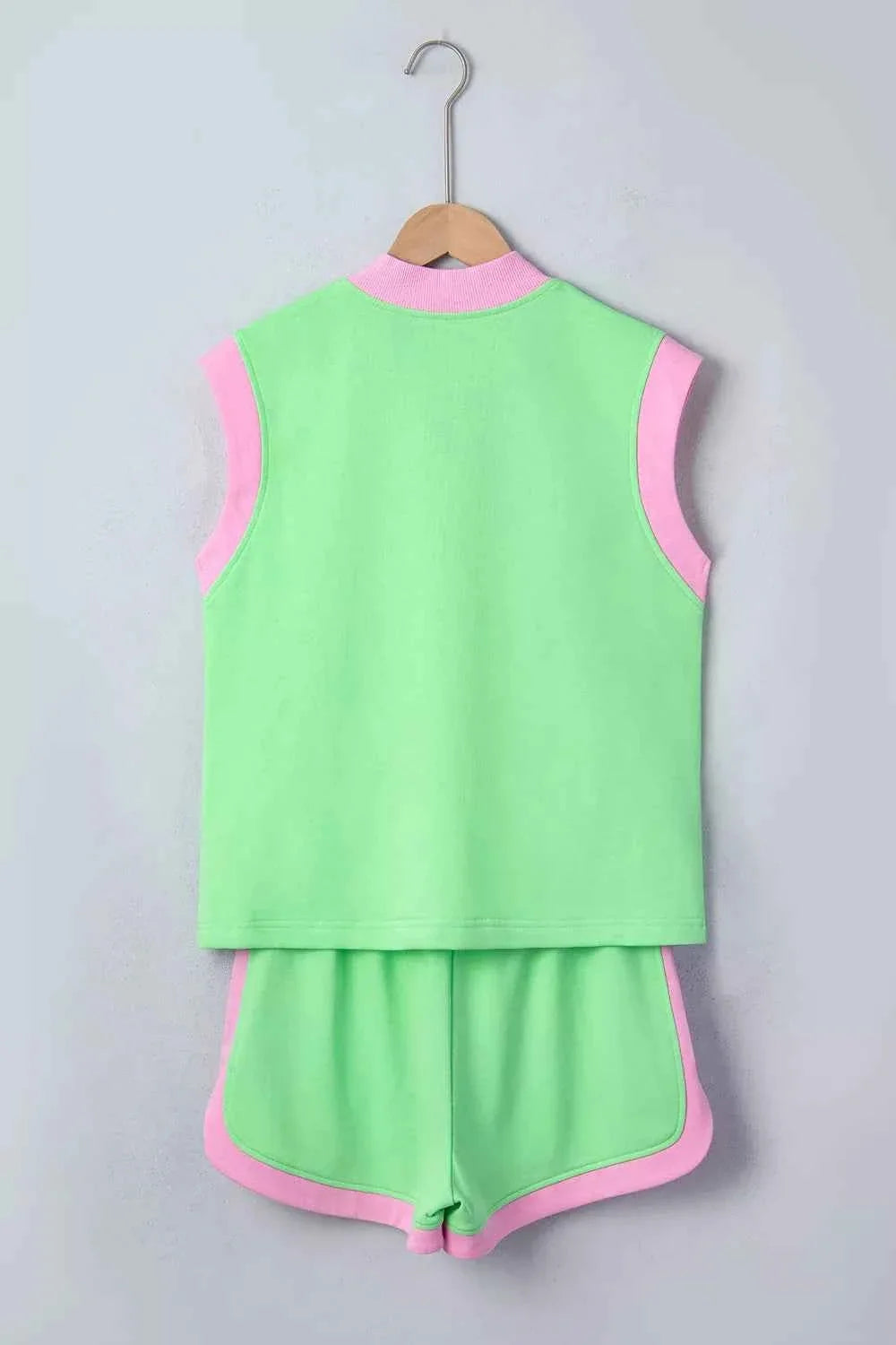 Color Block Accent Half Zip Top Athleisure Shorts Set